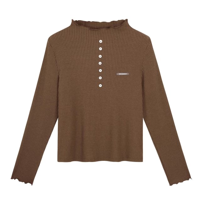 Long-Sleeve High Neck Plain Ribbed Henley Knit Top