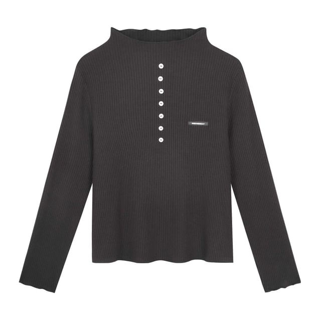 Long-Sleeve High Neck Plain Ribbed Henley Knit Top