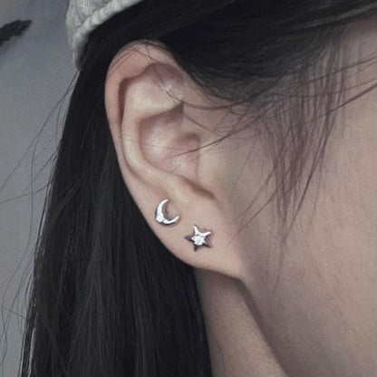 S999 Stud Star Asymmetrical Moon Silver Rhinestone Earring