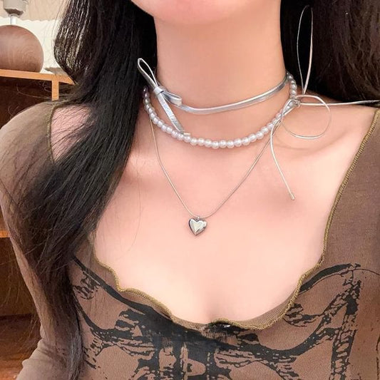 Heart Necklace Braded Set Layered /