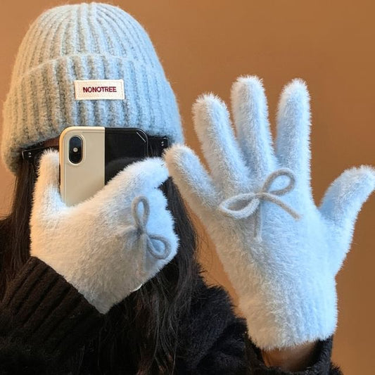 Bow Knit Fluffy Gloves