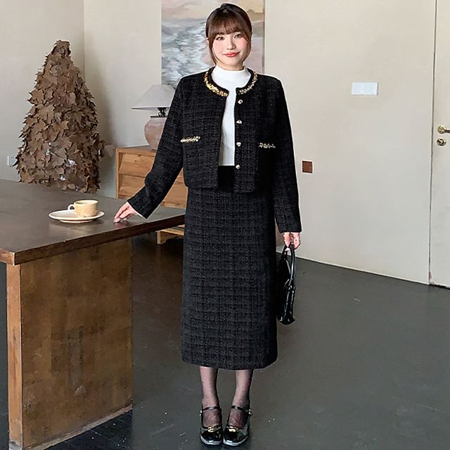 Set: Round Neck Sequin Tweed Button Jacket + High Waist Midi Straight Skirt