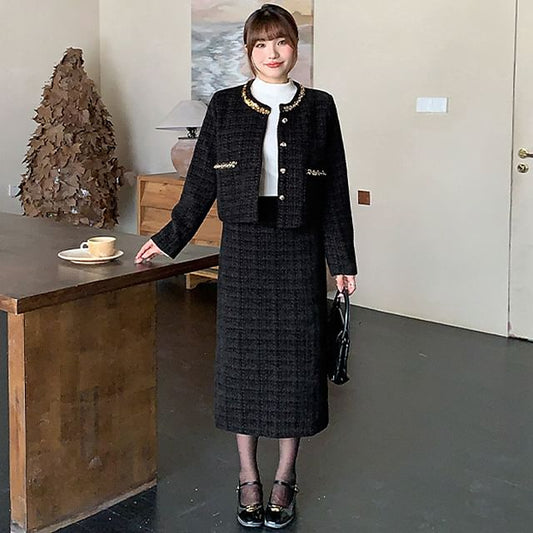 Set: Round Neck Sequin Tweed Button Jacket + High Waist Midi Straight Skirt