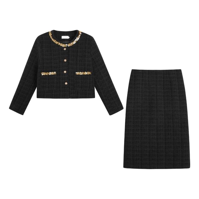 Set: Round Neck Sequin Tweed Button Jacket + High Waist Midi Straight Skirt