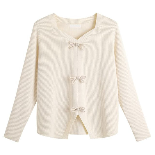 Long Sleeve V-Neck Plain Frog Closure Ribbed Knit Top