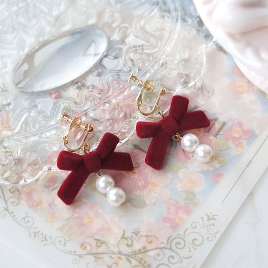 Bow Drop / Earring Hook Pearl Faux Clip-On