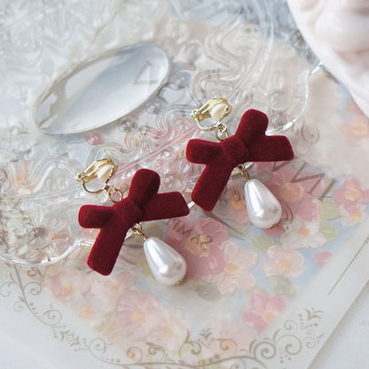 Bow Drop / Earring Hook Pearl Faux Clip-On