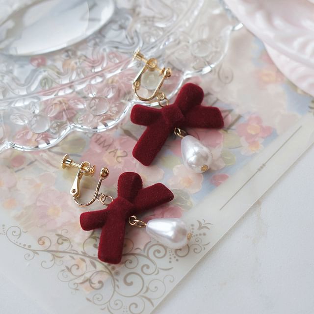 Bow Drop / Earring Hook Pearl Faux Clip-On