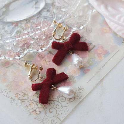 Bow Drop / Earring Hook Pearl Faux Clip-On