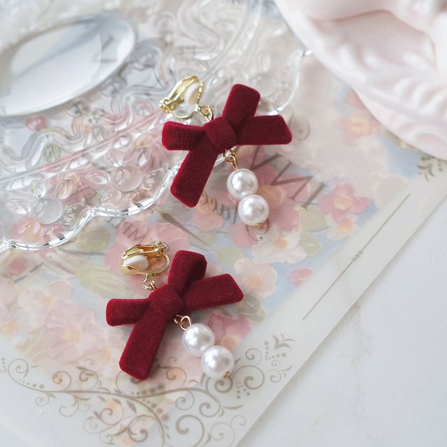 Bow Drop / Earring Hook Pearl Faux Clip-On