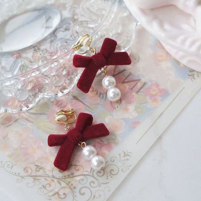 Bow Drop / Earring Hook Pearl Faux Clip-On