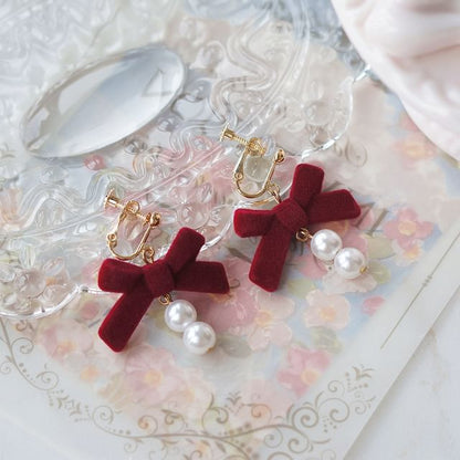 Bow Drop / Earring Hook Pearl Faux Clip-On