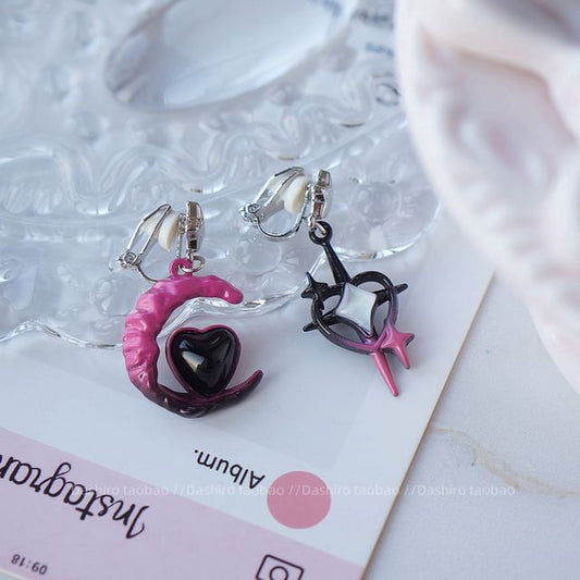 Clip-On Drop Moon Earring / Asymmetrical Star