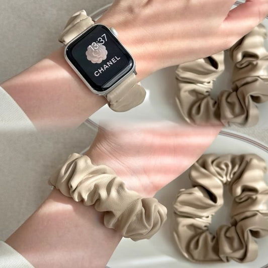 Faux Shirred Apple Band Leather Watch