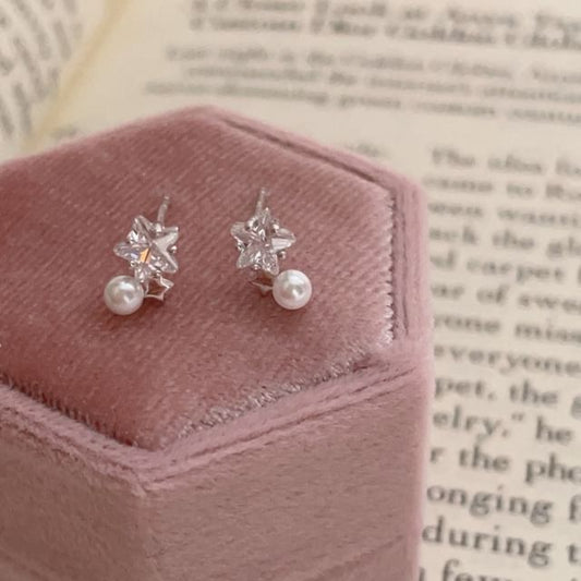 Faux Rhinestone Star Pearl Earring Drop Alloy
