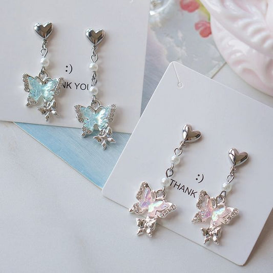 Rhinestone Drop / Butterfly On Clip Earring