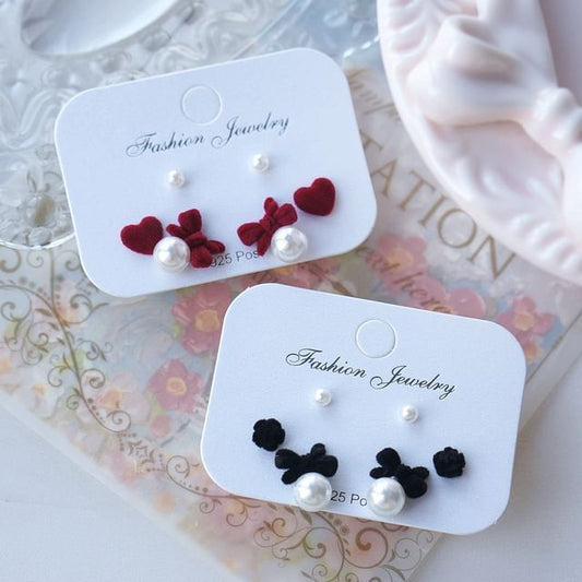 Bow of Asymmetrical Pearl Earring Stud Set 3 Faux Pairs: