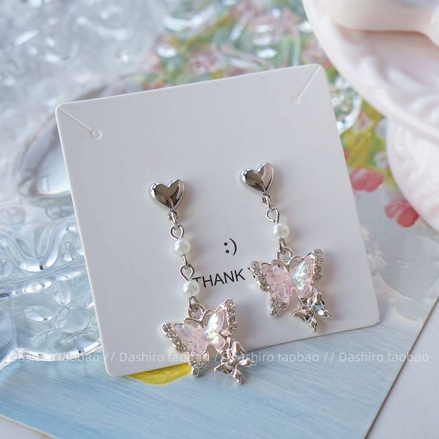 Rhinestone Drop / Butterfly On Clip Earring