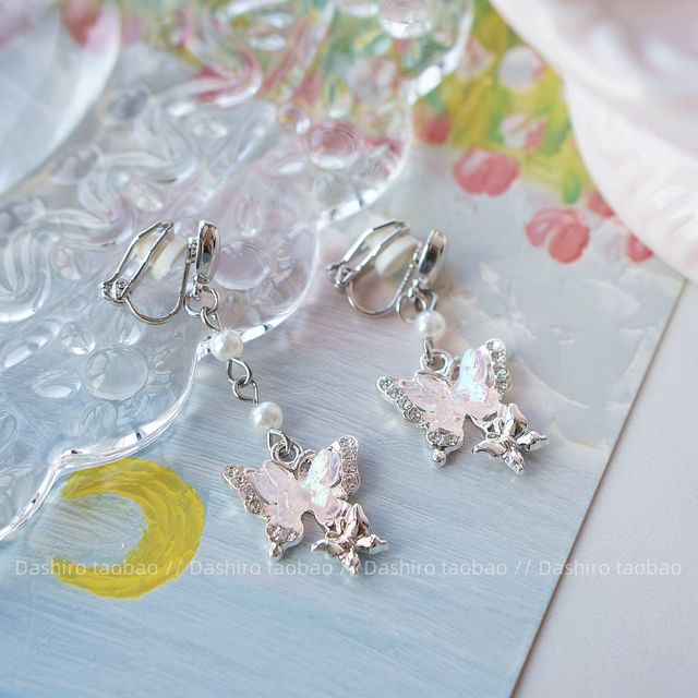 Rhinestone Drop / Butterfly On Clip Earring