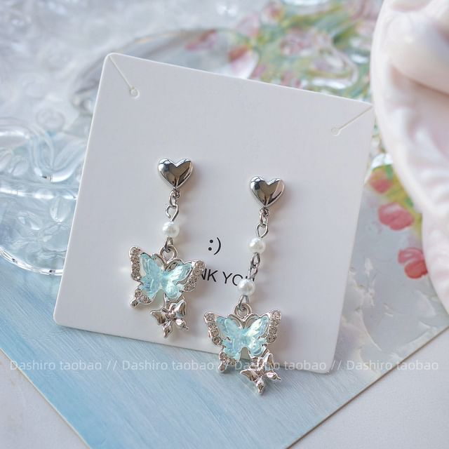 Rhinestone Drop / Butterfly On Clip Earring