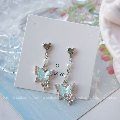 Rhinestone Drop / Butterfly On Clip Earring
