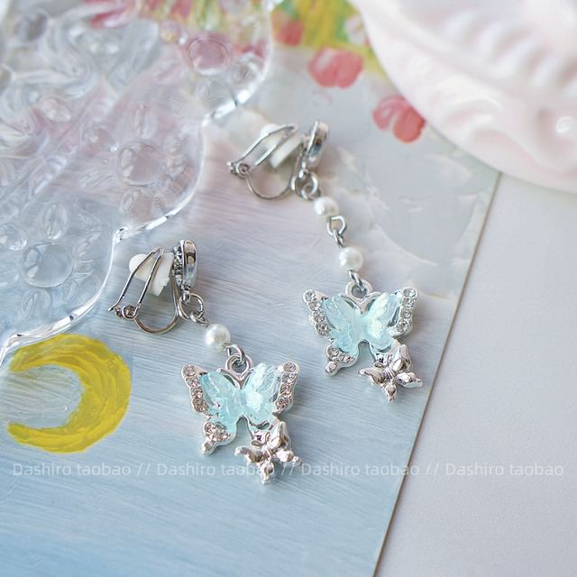 Rhinestone Drop / Butterfly On Clip Earring