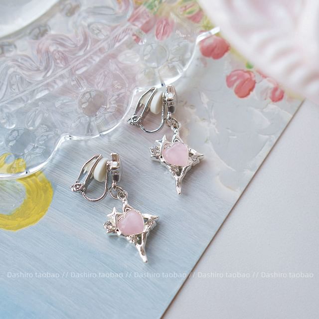 Clip / Star Earring Rhinestone Heart Drop On