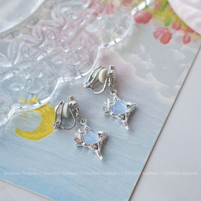 Clip / Star Earring Rhinestone Heart Drop On
