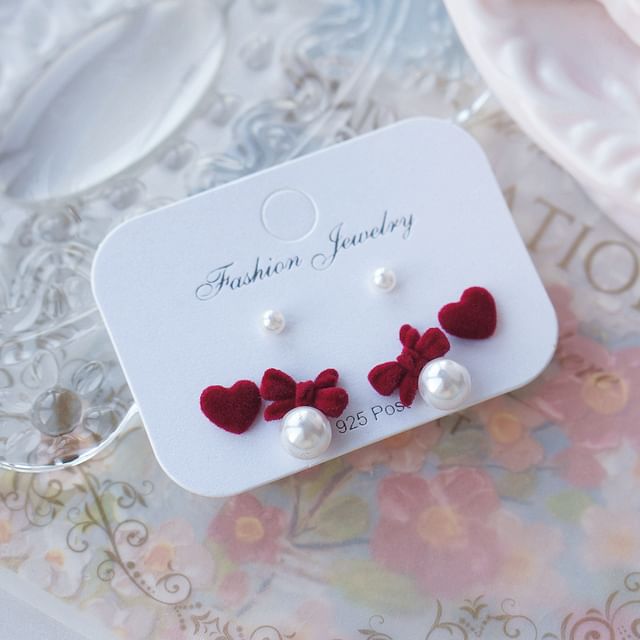 Bow of Asymmetrical Pearl Earring Stud Set 3 Faux Pairs:
