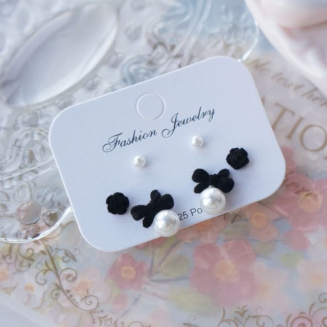 Bow of Asymmetrical Pearl Earring Stud Set 3 Faux Pairs: