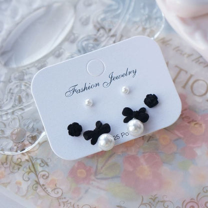 Bow of Asymmetrical Pearl Earring Stud Set 3 Faux Pairs: