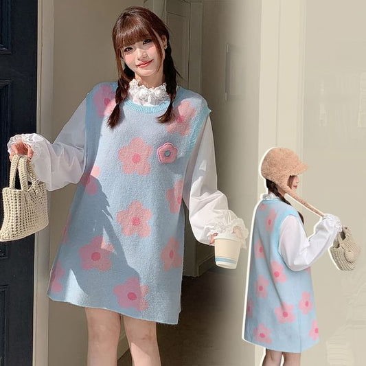 Sleeveless Crewneck Floral Pattern Knit Shift Dress