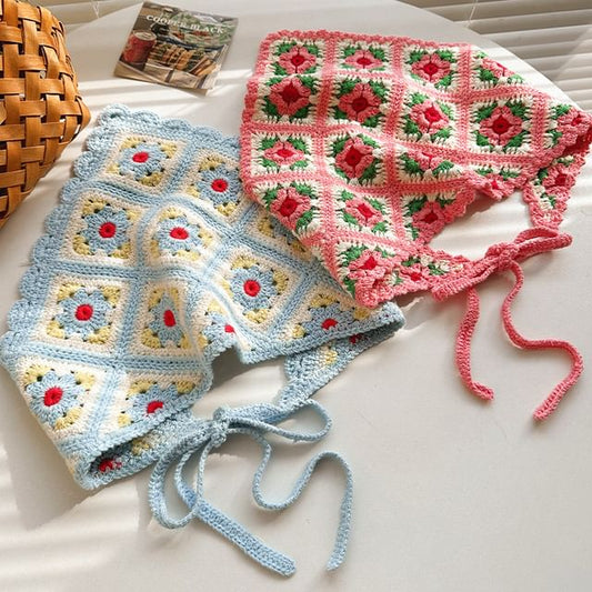 Floral Head Knit Scarf Plaid Triangle