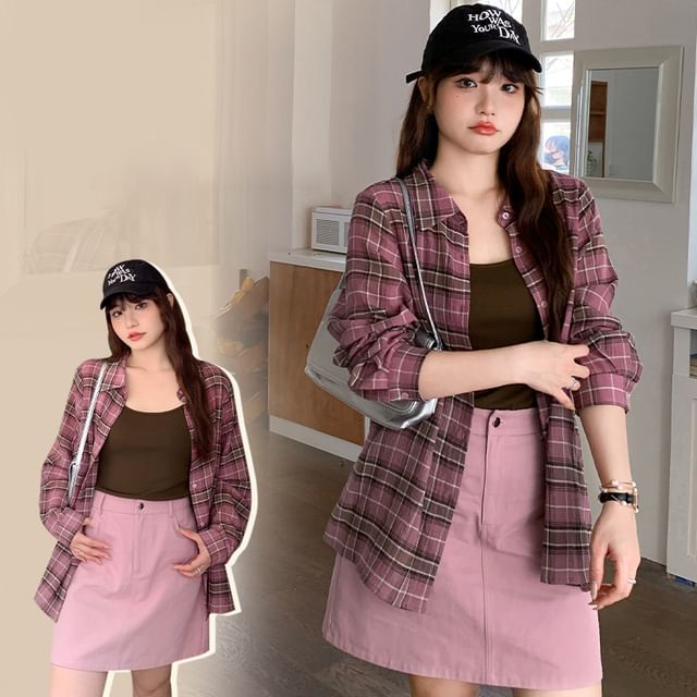Plus Size Long-Sleeve Plaid Shirt / Scoop Neck Plain Tank Top / High Waist Mini A-Line Skirt