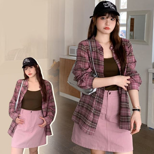 Plus Size Long-Sleeve Plaid Shirt / Scoop Neck Plain Tank Top / High Waist Mini A-Line Skirt