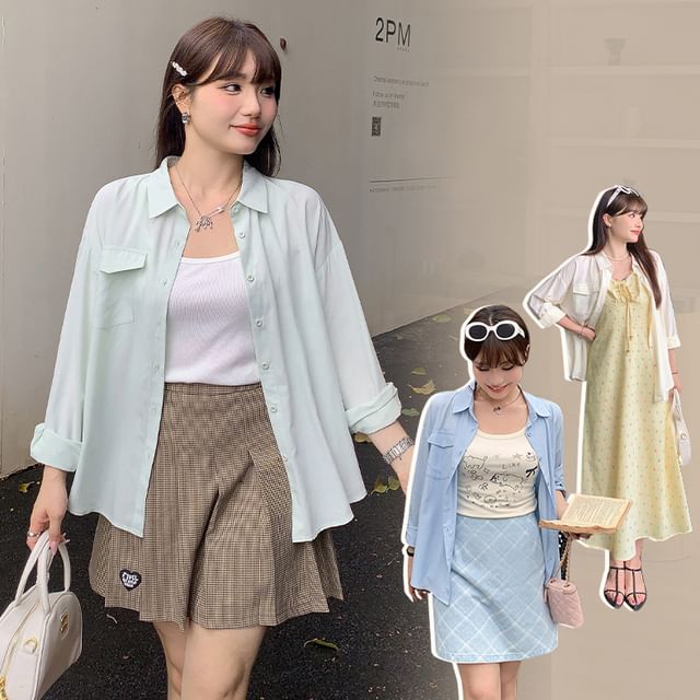 Plus Size Long-Sleeve Plain Pocket Front Shirt