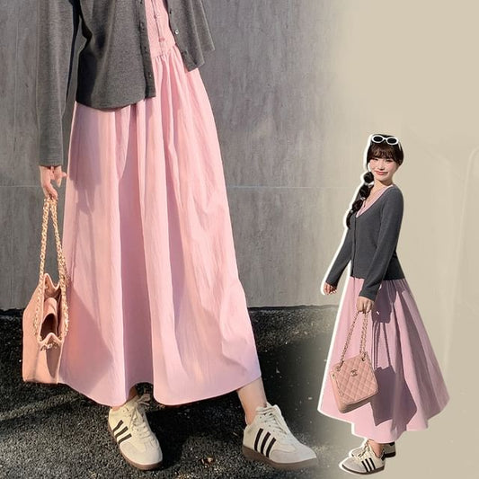 Plus Size V-Neck Plain Cardigan / High Waist Maxi A-Line Skirt