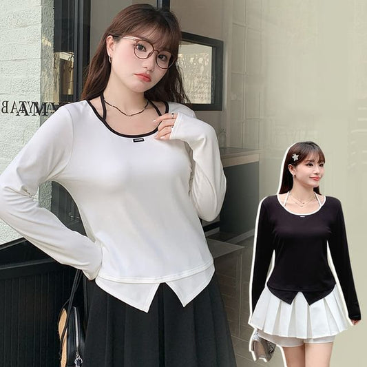 Plus Size Long-Sleeve Scoop Neck Plain Contrast Trim Applique Front-Slit Tee