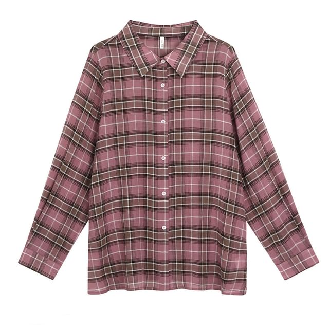Plus Size Long-Sleeve Plaid Shirt / Scoop Neck Plain Tank Top / High Waist Mini A-Line Skirt