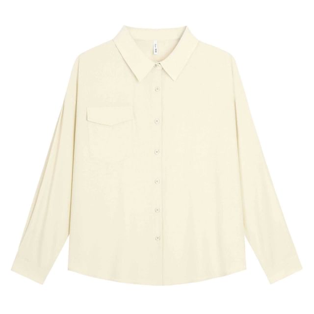 Plus Size Long-Sleeve Plain Pocket Front Shirt