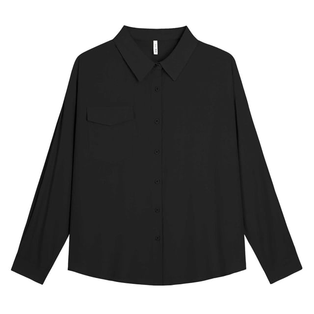 Plus Size Long-Sleeve Plain Pocket Front Shirt