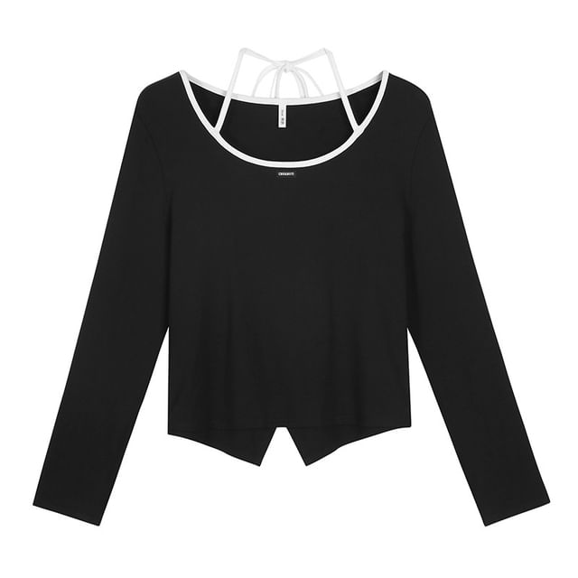 Plus Size Long-Sleeve Scoop Neck Plain Contrast Trim Applique Front-Slit Tee