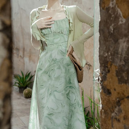 Spaghetti Strap Print Midi A-Line Sundress / Plain Ruffle Trim Crop Cardigan / Set