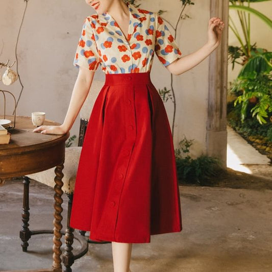 Set: Short-Sleeve Notch Lapel Floral Shirt + High Rise Midi A-Line Skirt