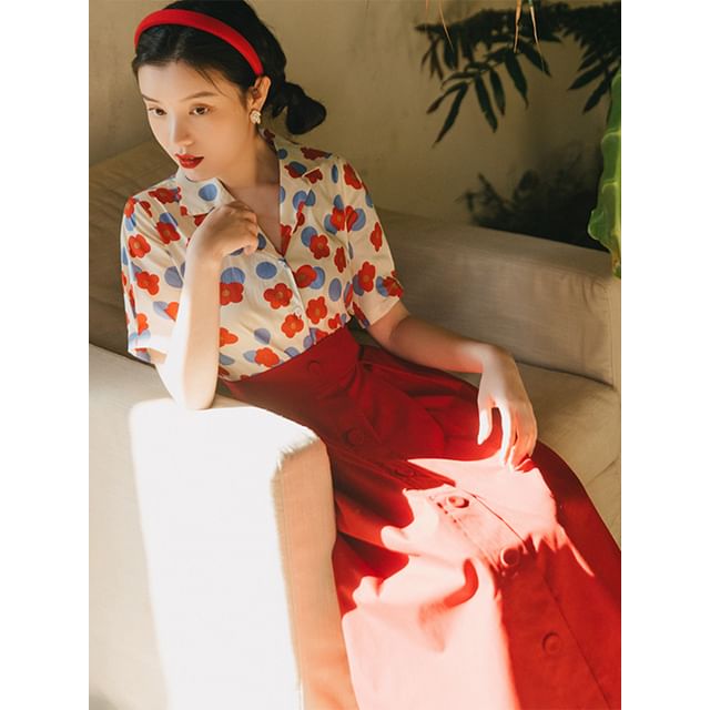 Set: Short-Sleeve Notch Lapel Floral Shirt + High Rise Midi A-Line Skirt