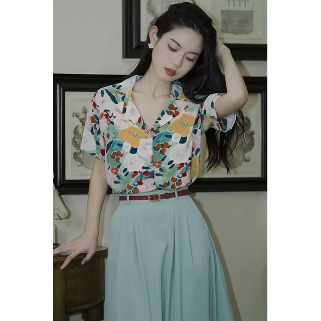 Set: Short-Sleeve Notch Lapel Floral Shirt + High Rise Midi A-Line Skirt