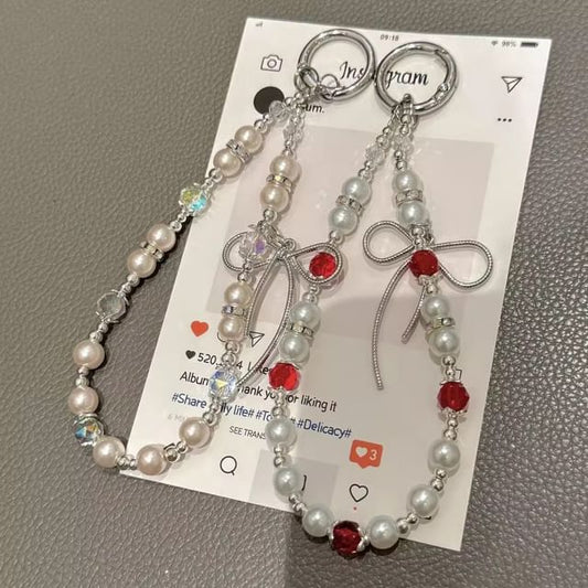 Bow Faux Pad Phone Lanyard with Pearl Strap