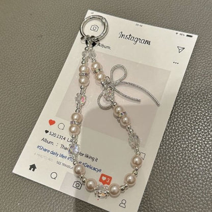 Bow Faux Pad Phone Lanyard with Pearl Strap