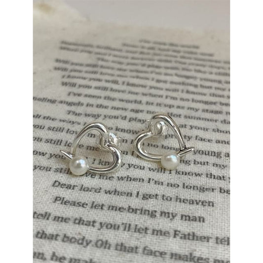 Earring 925 Heart Faux Stud Sterling Silver Pearl