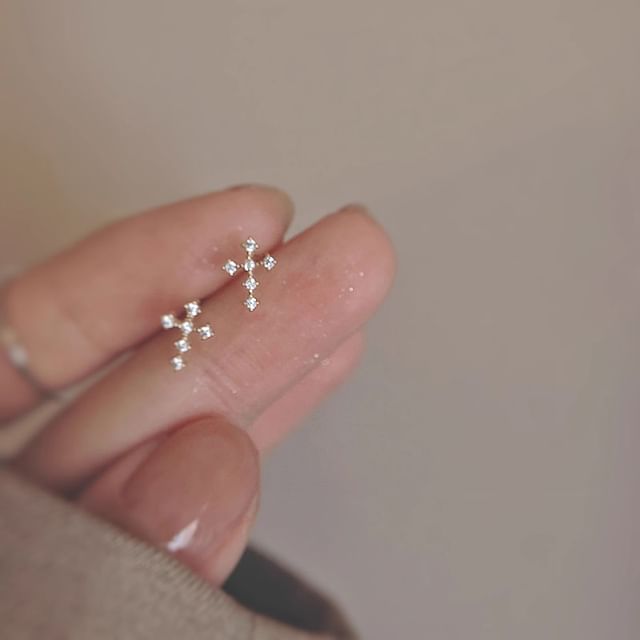 Stud Rhinestone Alloy Earring Cross